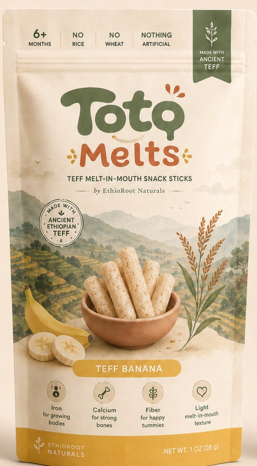 Teff Banana Toto Melts pouch, pre-production packaging