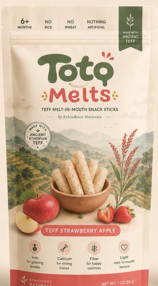 Teff Strawberry Apple Toto Melts pouch, pre-production packaging