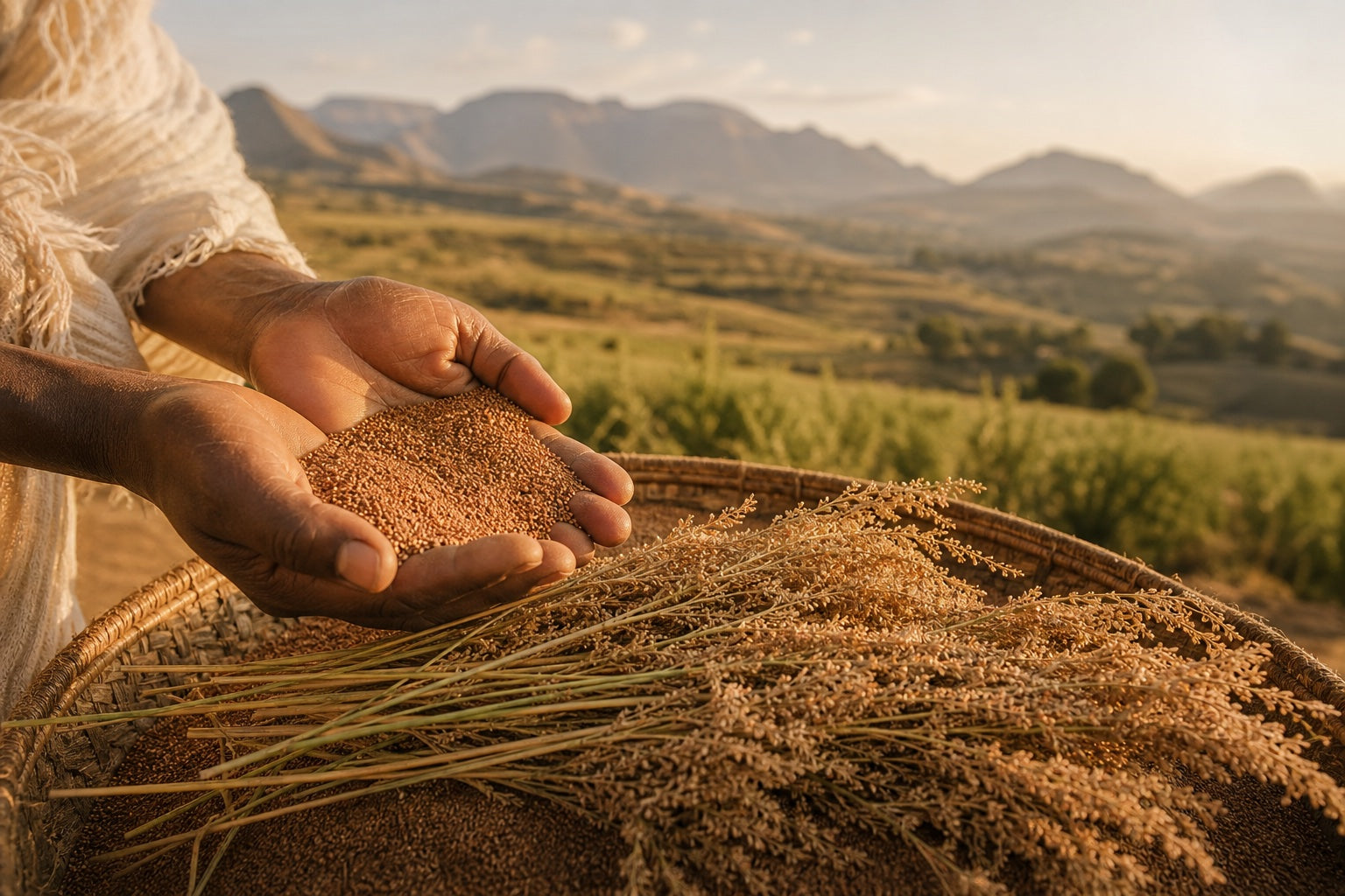 Hands holding teff grains in the Ethiopian highlands at golden hour