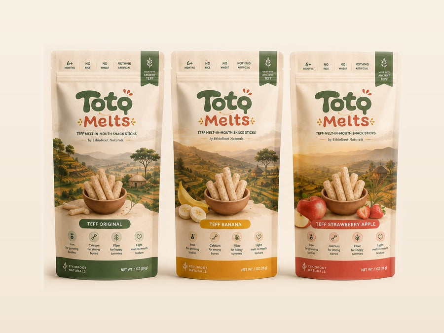 The three Toto Melts flavors side by side — Teff Original, Teff Banana, and Teff Strawberry Apple pouches